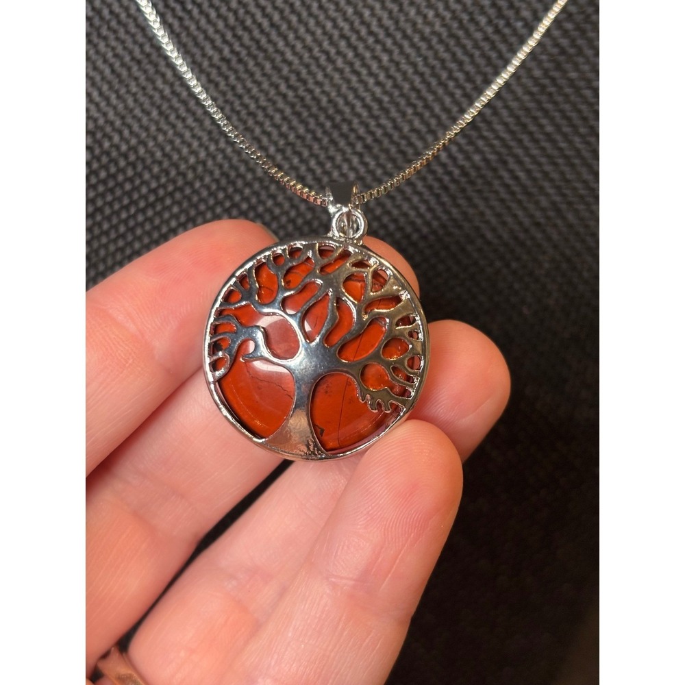 Red Jasper Tree of Life Pendant Necklace Stainless Steel Box Chain Silver Tone